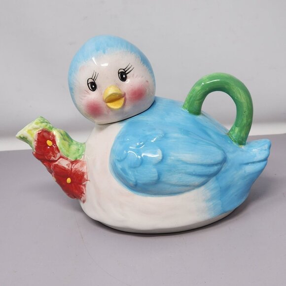 Vintage Bluebird Ceramic Teapot With Floral Spout & Green Handle - Picture 1 of 10